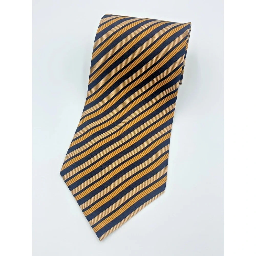 Giorgio Armani CRAVATTE 100% Silk Men's Neck Tie, Blue Gold Stripe‎ Short 56.5